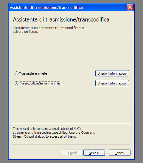 Finestra “Assistente di trasmissione/transcodifica”