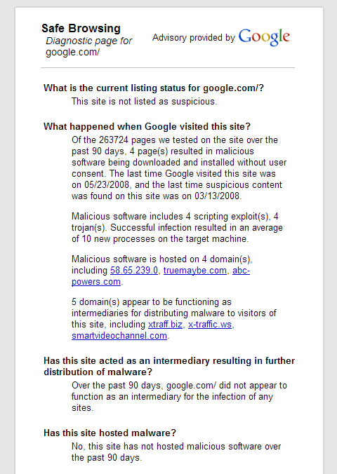 Risultati dell'interrogazione fatta per verificare il sito google.com