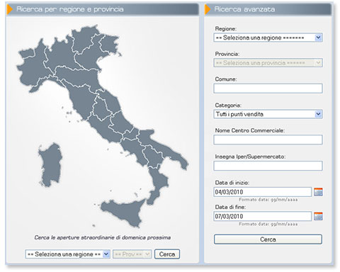 ApertoDomenica: form di ricerca