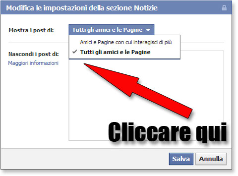 Facebook: modificare le opzioni per visualizzare in bacheca i messaggi di tutti i tuoi amici