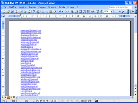 Documento Word con gli indirizzi da importare