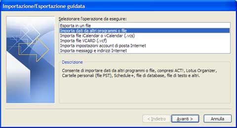 Finestra di Importazione-Esportazione guidata