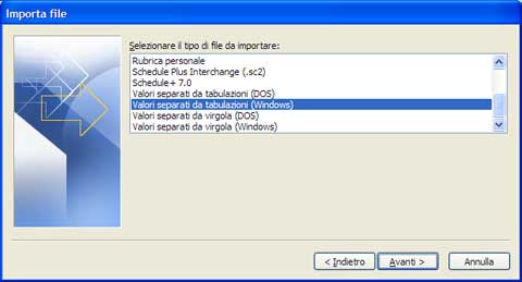 Finestra di importazione file - scelta tipo