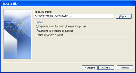 Finestra di importazione file - scelta file