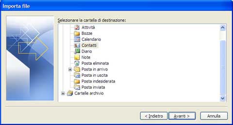 Finestra di importazione file - scelta cartella di destinazione