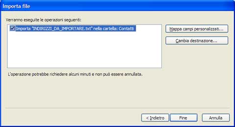 Finestra di importazione file - mappa campi